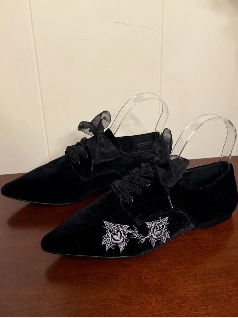 Lively Ghosts x Strange Cvlt NIGHTFALL FLATS Black Velvet Rose Lace-Up Oxfords - Picture 2 of 9